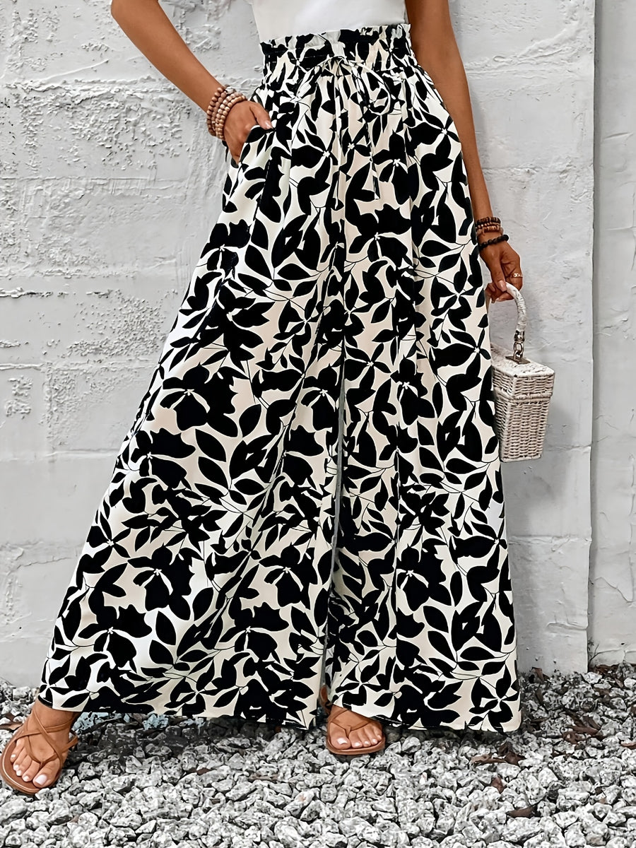 Summer Elegant Chic Romantic Women'S Printed Ruffled Waistband Wide-Leg Casual Loose Vacation Trousers with Fake Drawstring Casual Style - Deep Grey