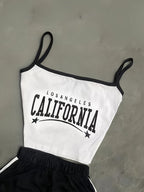 Elegant and Stylish New Spring/Summer Women's Color-Block Letter Print Waist-Cinching Backless Crop Camisole + Elastic Simple Casual Shorts Set ZLLZ - White+black