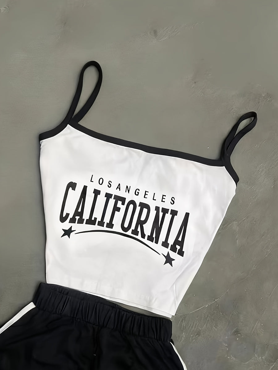 Elegant and Stylish New Spring/Summer Women's Color-Block Letter Print Waist-Cinching Backless Crop Camisole + Elastic Simple Casual Shorts Set ZLLZ - White+black
