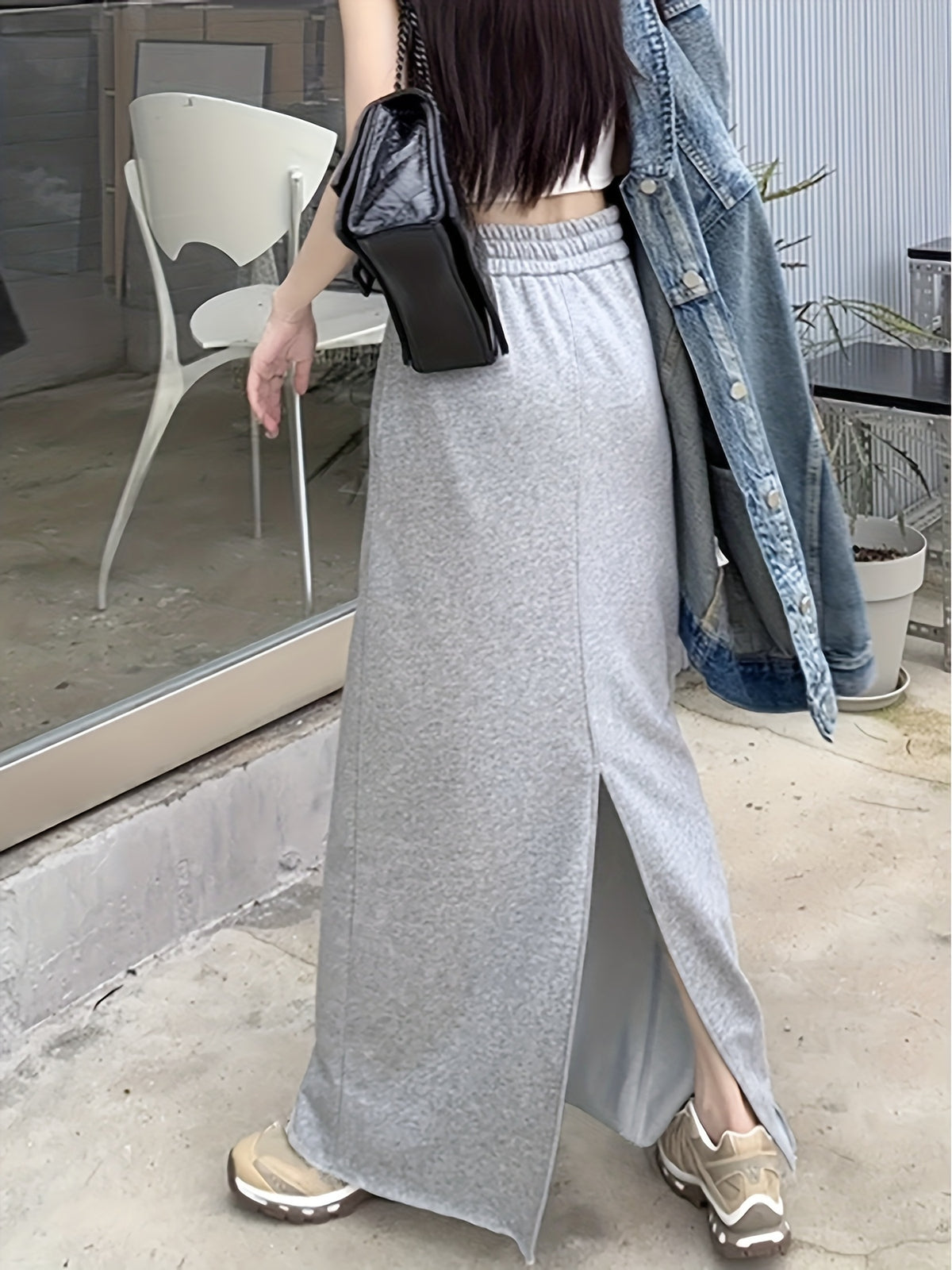 Women's Chic Casual Elastic Waist Slit Long Loose Straight Midi Skirt - Grey