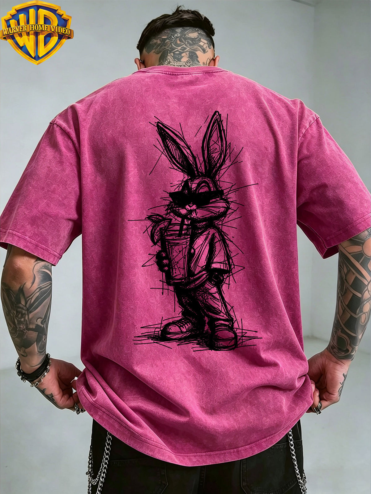 Warner Authorized WB Sunglasses Cool Rabbit Bags Beverage Quick Print Men'S Short Sleeve T-Shirt, Summer Comfortable Outdoor Top, Fashionable And Easy, Suitable for Daily Wearing, As a Friend Gathering Outfit - Rose Red
