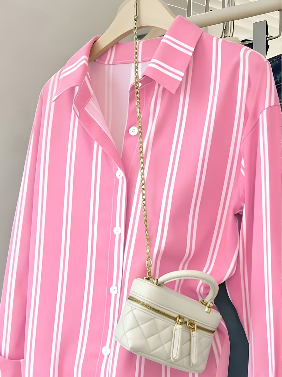 New Women'S Long-Sleeved Button- Pink Striped Casual Shirt, Vertical Striped Shirt for Women, Loose And Long-Sleeved Shirt, Commuting, Casual, Versatile - Pink Color