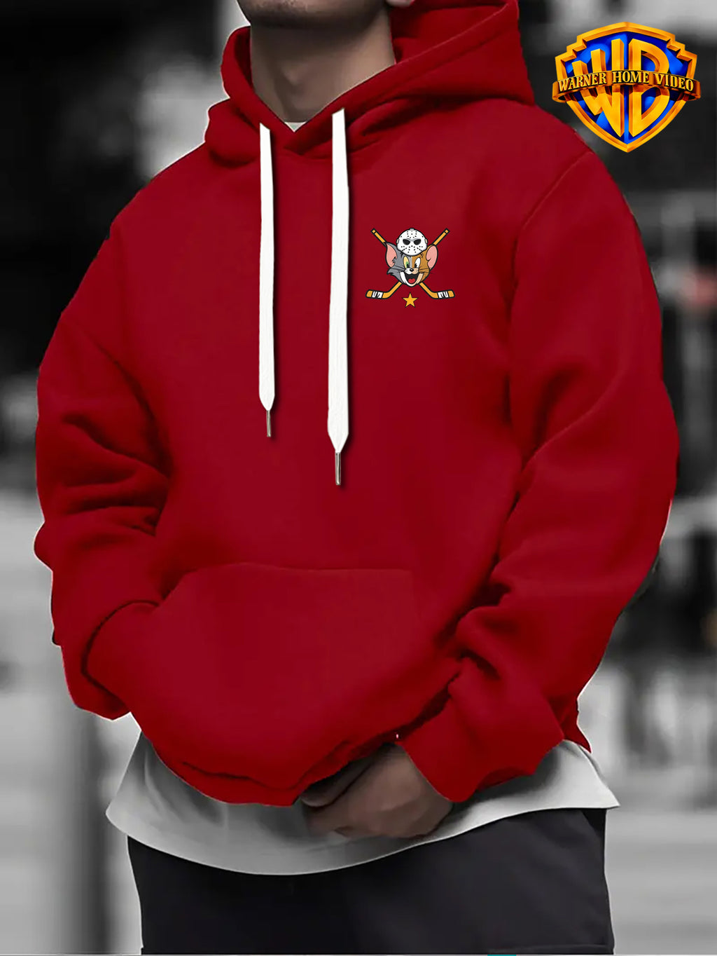 [Officially Licensed by Warner Bros] 1pc, American Retro League Badge Cartoon Character Creative Casual Hoodie - Men'S Fashion Sweatshirt with Double-Sided Print, Adjustable Drawstring Loose Comfortable Hoodie, Suitable for Daily And Outdoor Wear - Red