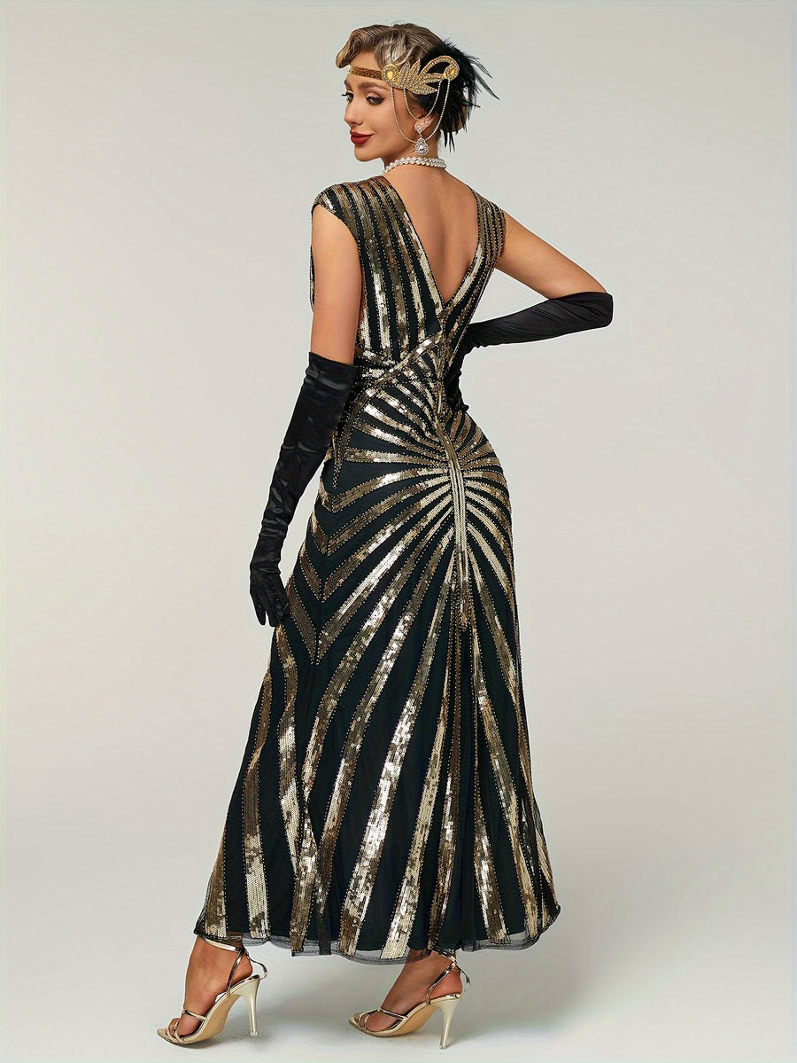 1920 Vintage Sequin Gatsby Ball Fringe Short Sleeve Dress, Party Banquet Dance Dress with Beaded Sequins, Toast Gown, In Stock - Black Golden