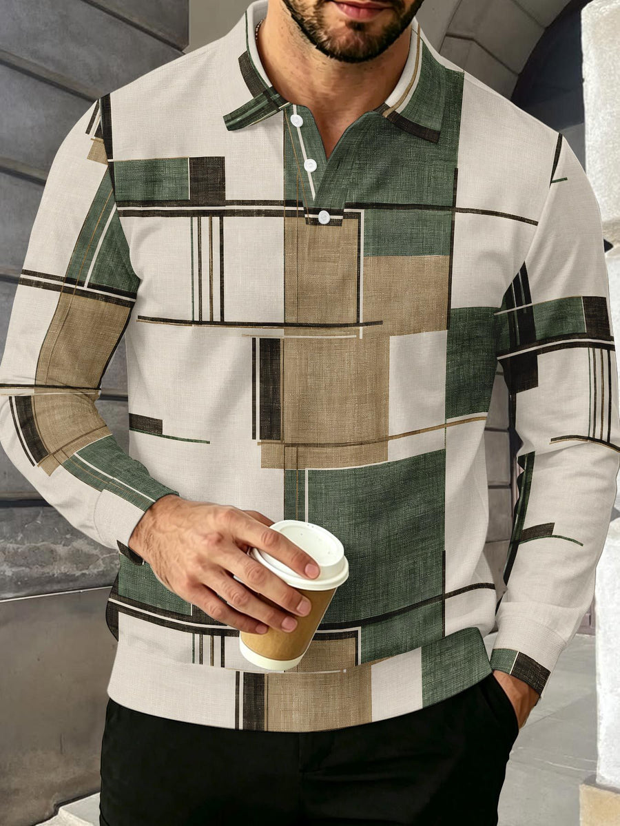 Color-Block Men'S Long Sleeve Polo Shirt, Lapel 3-Button Casual Top, Oil Painting Block Plaid Contrast Print, Spring Autumn Business Commute Golf Versatile Men'S Wear, Teenager Men'S Birthday Holiday Surprise Gift - Mixed Color E