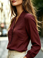 Women'S Solid V-Neck Long Sleeve Commuter Shirt - Burgundy