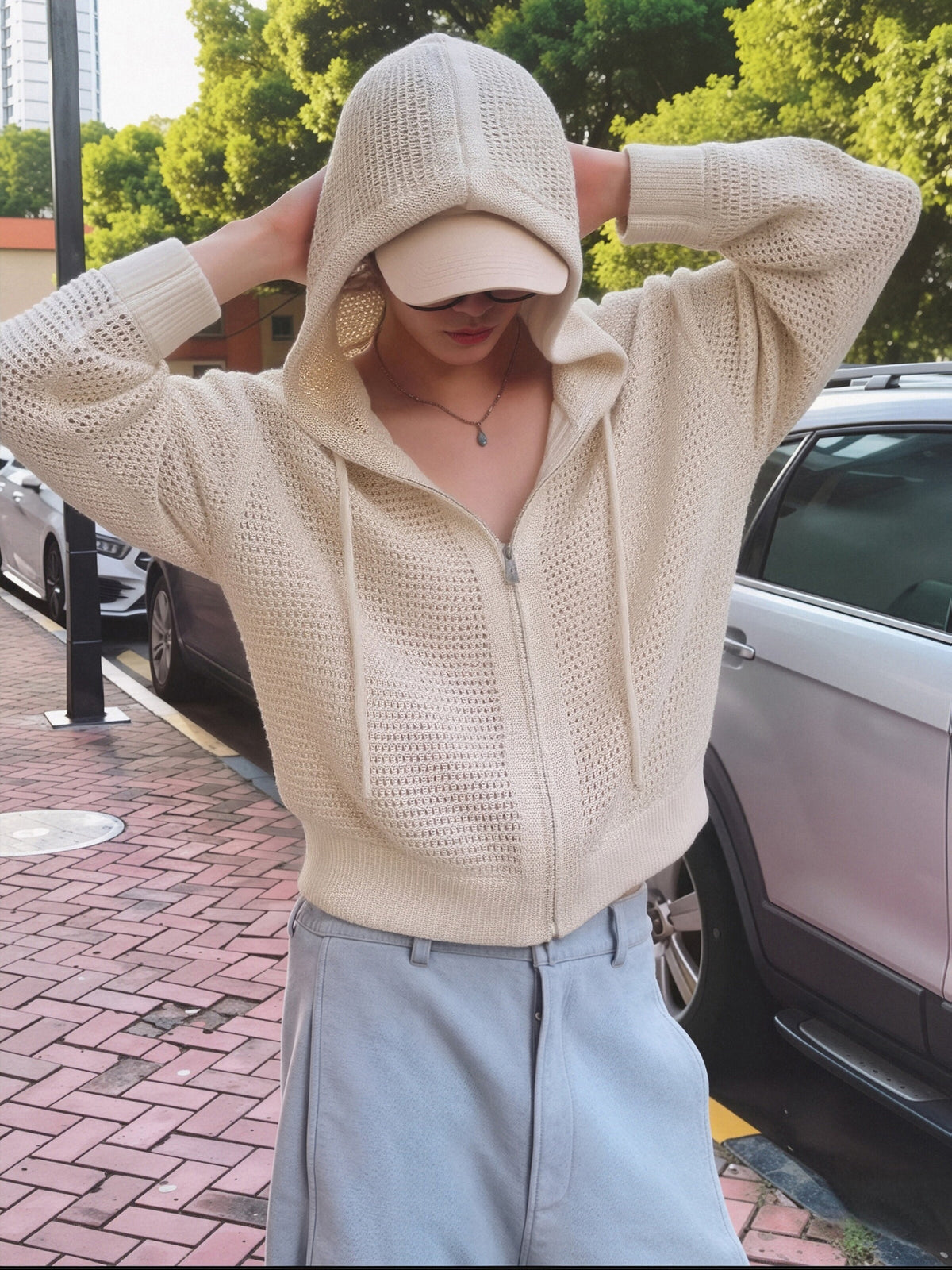 Spring And Autumn Men'S Knit Sweater, Hooded Round Neck Cardigan, Hollow Design, Casual Sporty Retro Style, Comfortable Soft Fabric, Men'S Sweater - Apricot