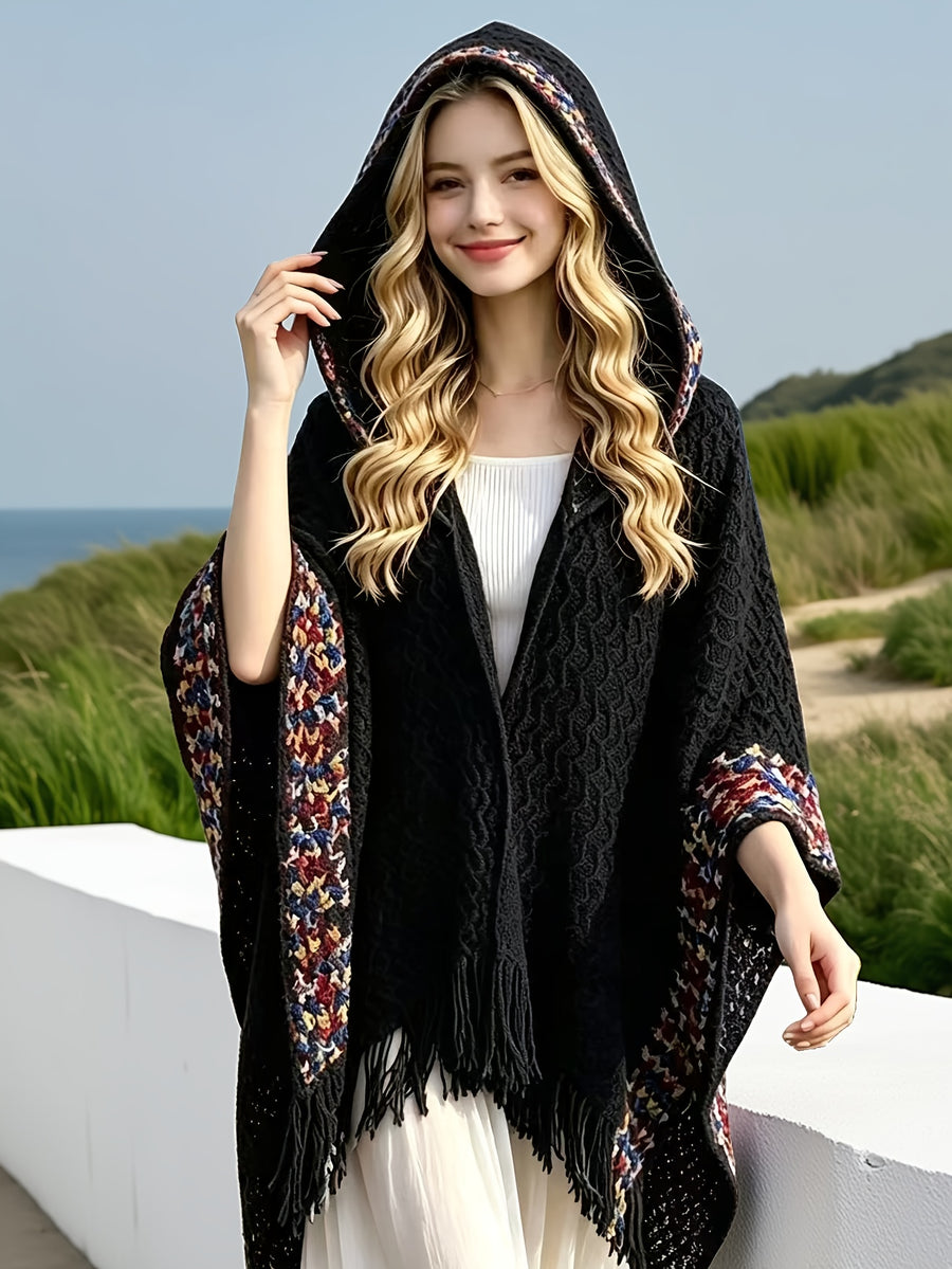 Women'S Cardigan - Autumn/Winter New Bohemian Ethnic Style Wavy Fringe Hooded Multicolor Jacket, Summer Women'S High-End Elegant Temperament Air-Conditioned Room Casual All-Match Cape Scarf, Suitable for Travel, Vacation, Photoshoot, Casual Wear - Black