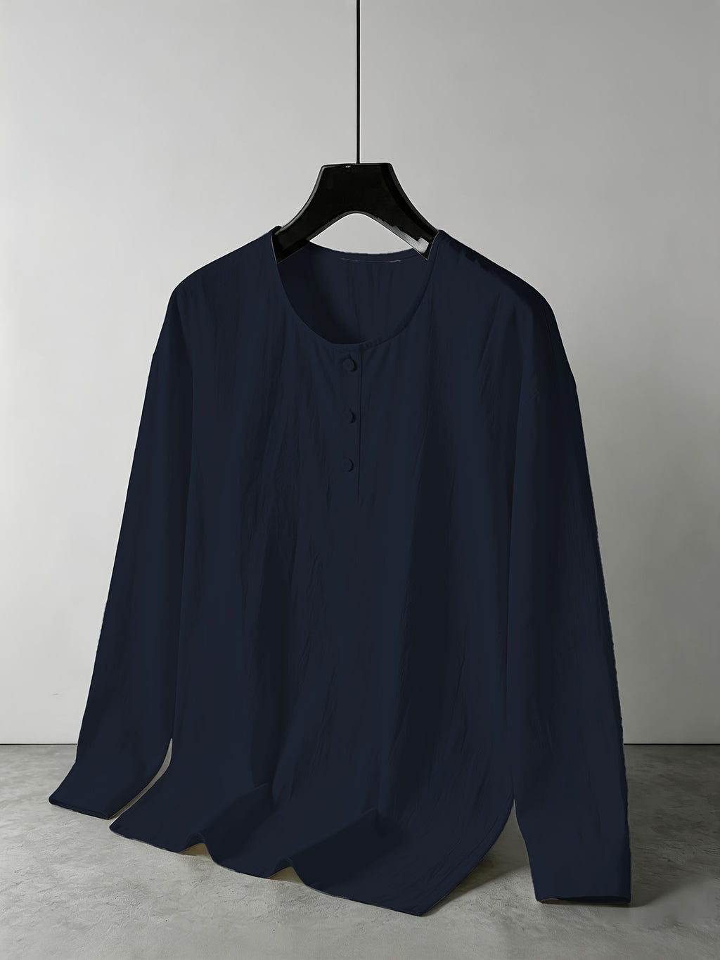 Spring/Summer Lightweight Cotton-Linen Henry Long-Sleeve Shirt for Men, Half-Open Placket Stand Collar Solid Color Top, Soft and Comfortable Casual Shirt for Daily Outings - Navy Color
