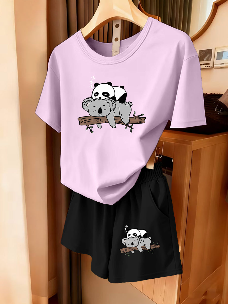 2pcs Women's Summer Short Sleeve Set—Panda Koala Cute Animal Print Short Sleeve Shorts Set, Comfortable, Soft, and Breathable for Sports and Daily Wear, Suitable for Back-to, Campus, Valentine's Day, Women's Pajamas, Jogging, Fitness, and as a Gift - Light Purple+Black