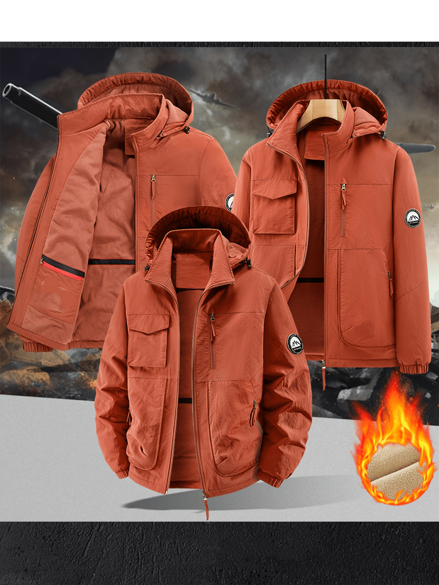 Fleece-Lined Cargo Jacket, Detachable Hood, Multi-Pocket Outerwear, Men'S Outdoor Hiking Commuter, Loose Thickened Plush Lining, Detachable Arm Badge Windproof Warm Functional Jacket - Brick Red
