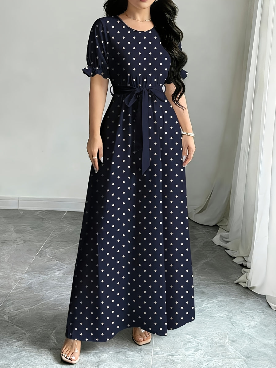 Women'S Printed Round Neck Casual Waist Dress - Navy blue color