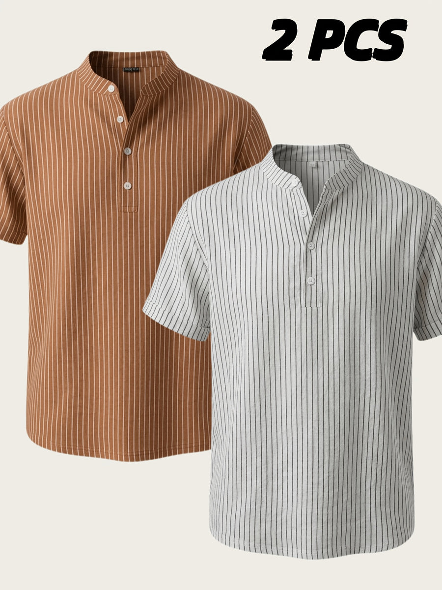 Josh Rose OBM 2pcs Men's Henley Shirts, Men's Summer Short Sleeve Regular Fit, Lightweight and Breathable, 95% Linen, Solid and Striped in Black and White, Features 4 Buttons, Suitable for Summer Daily Work, Casual, and Vacation Occasions - Coffee+White