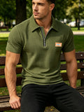 Men'S Waffle Polo Shirt, Zipper Collar Design Short Sleeve T-Shirt, Summer Casual Daily Commute Versatile Top - fern green