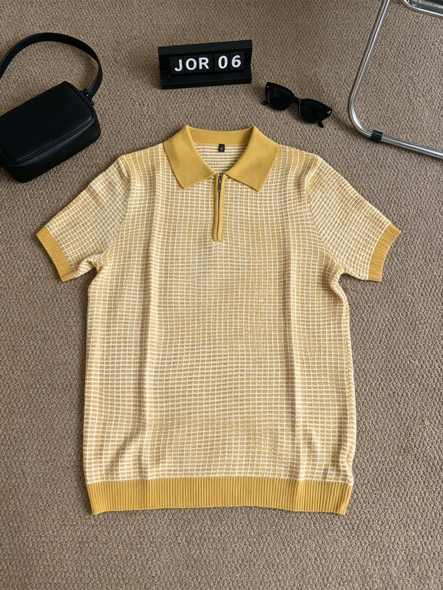 Men's Polo Collar Short Sleeve Waffle Knit Top, Solid Color Lightweight Breathable Casual Pullover - Yellowish-brown