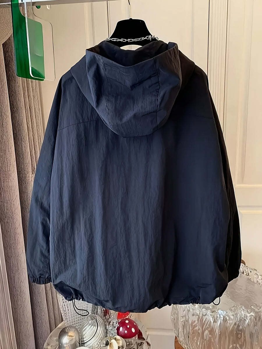 Women'S Cape-Style Hooded Coat, Long Sleeve, with Drawstring, Double Zipper Detail, And Pockets - Navy blue color