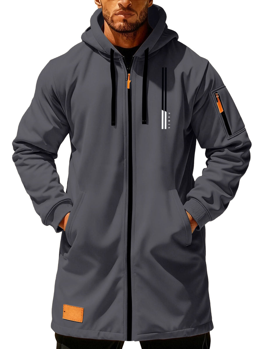Men'S Casual Hooded Long Jacket PARIS Striped Logo Print Side Seam Zipper Detail Leather Decorative Label Drawstring Hat Collar Loose Daily Windproof Coat, Autumn Essentials - Dark Gray