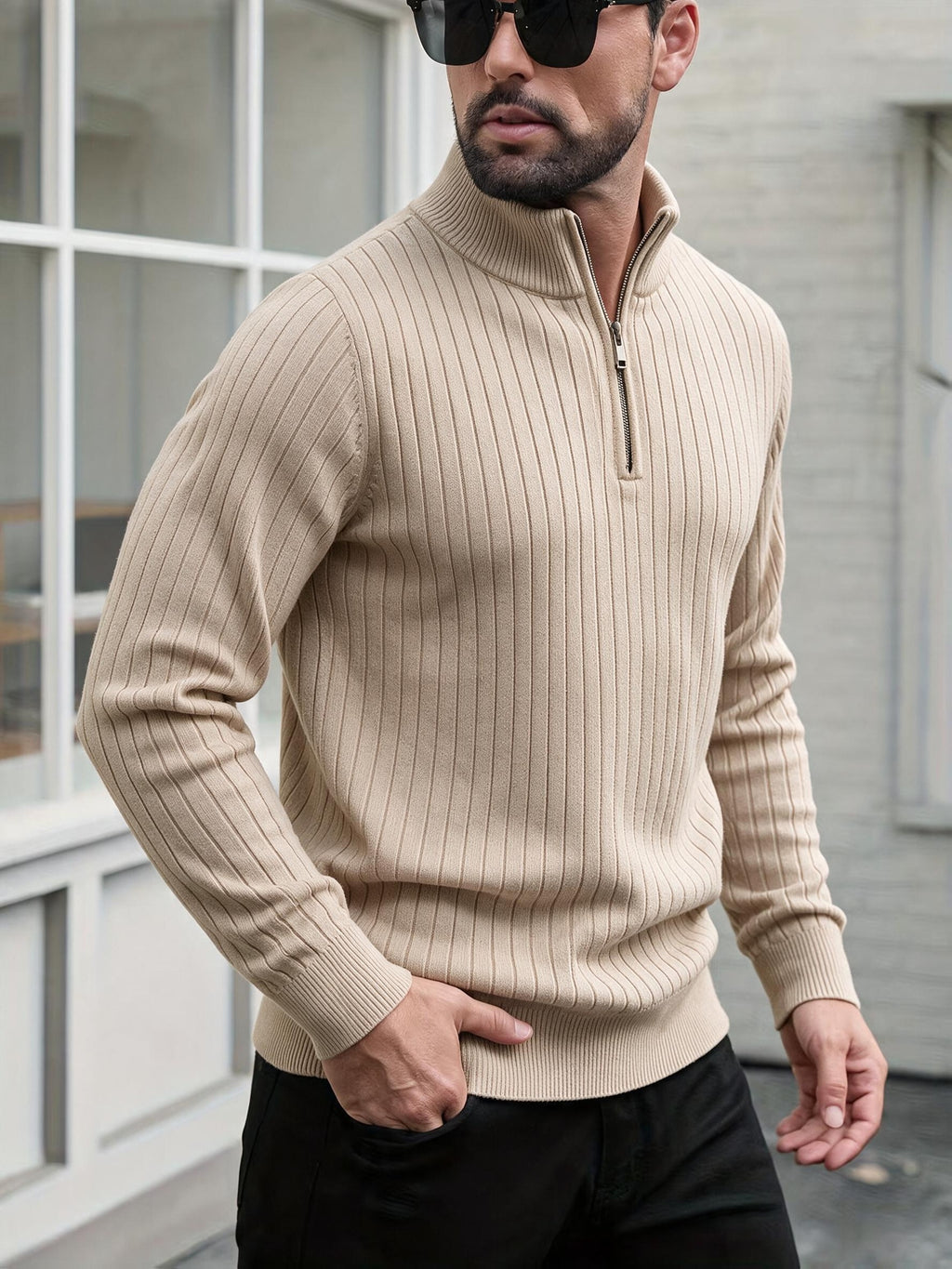 Men'S Stand Collar Half-Zip Sweater for Autumn And Winter, Versatile Long Sleeve Top, Warm And Comfortable Half-Placket Long Sleeve Sweatshirt, Classic Versatile Casual Pullover, Suitable for Daily Leisure And Street Strolls - Apricot