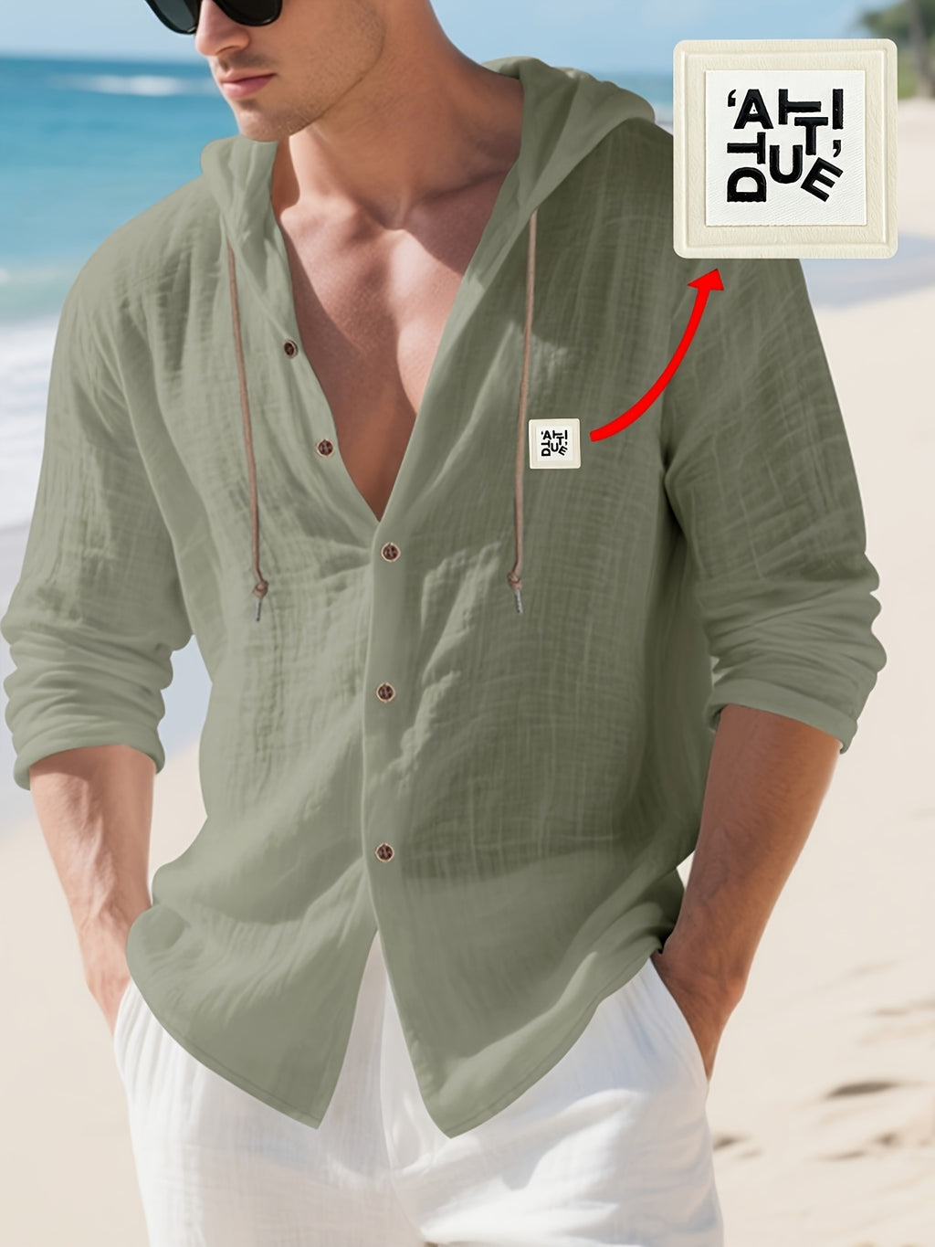 Men'S Casual Linen Hooded Shirt, Lightweight Breathable Fabric, Relaxed Fit Long Sleeve Design, Button Front Closure, Adjustable Drawstring Hood, Comfortable Pullover Style for Beach Vacations, Resort Travel, Yacht Trips, Camping, Outdoor Activities - Olive Green
