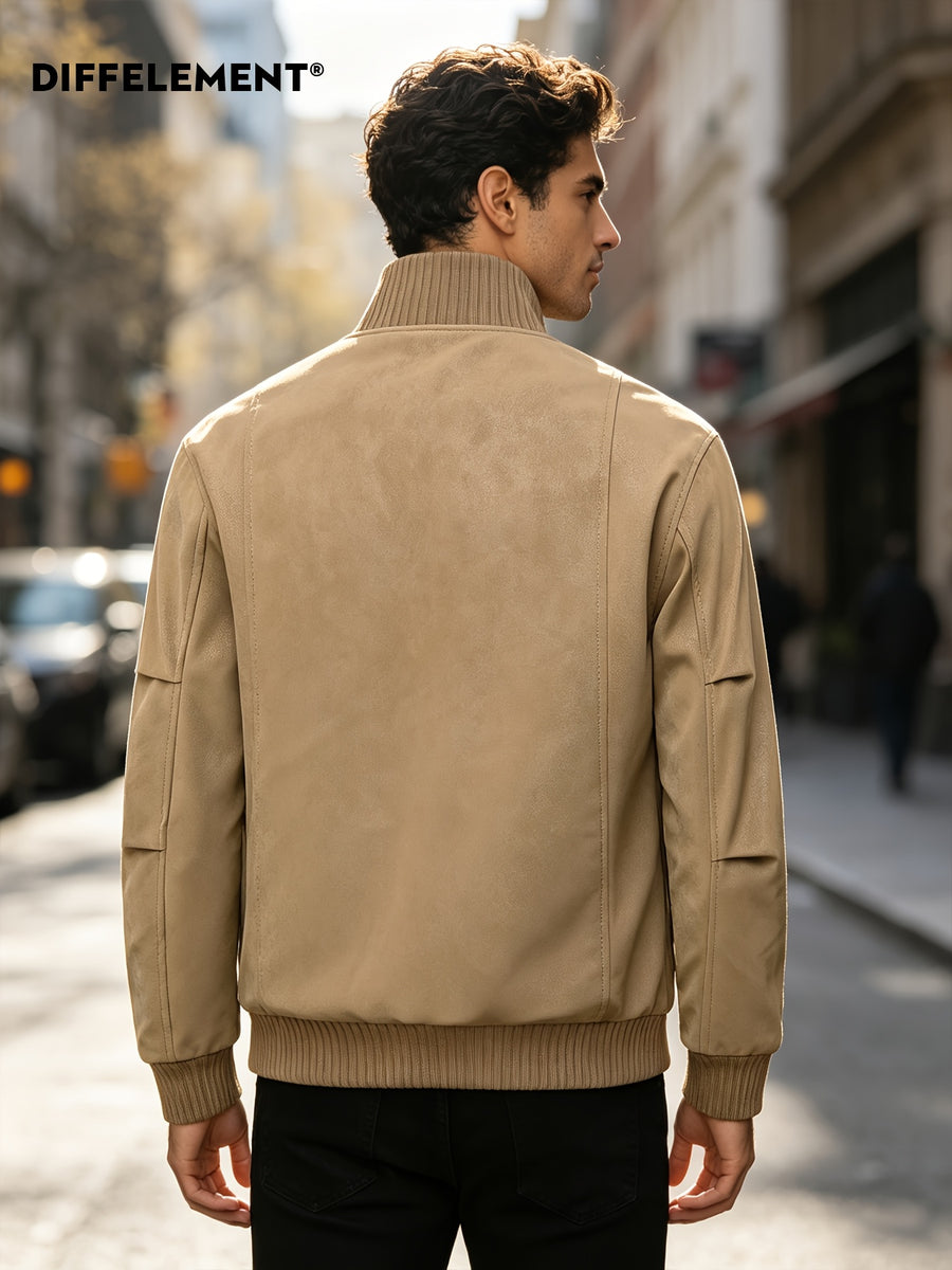 Men's Stand Collar Jacket, Windproof, Warm, Versatile, and Wear-Resistant, with Textured Finish and Precision Stitching. Loose-Fit Short Baseball Jacket Style for Daily Commuting, Streetwear, and Autumn/Winter Casual Wear. Features Ribbed Cuffs - Khaki