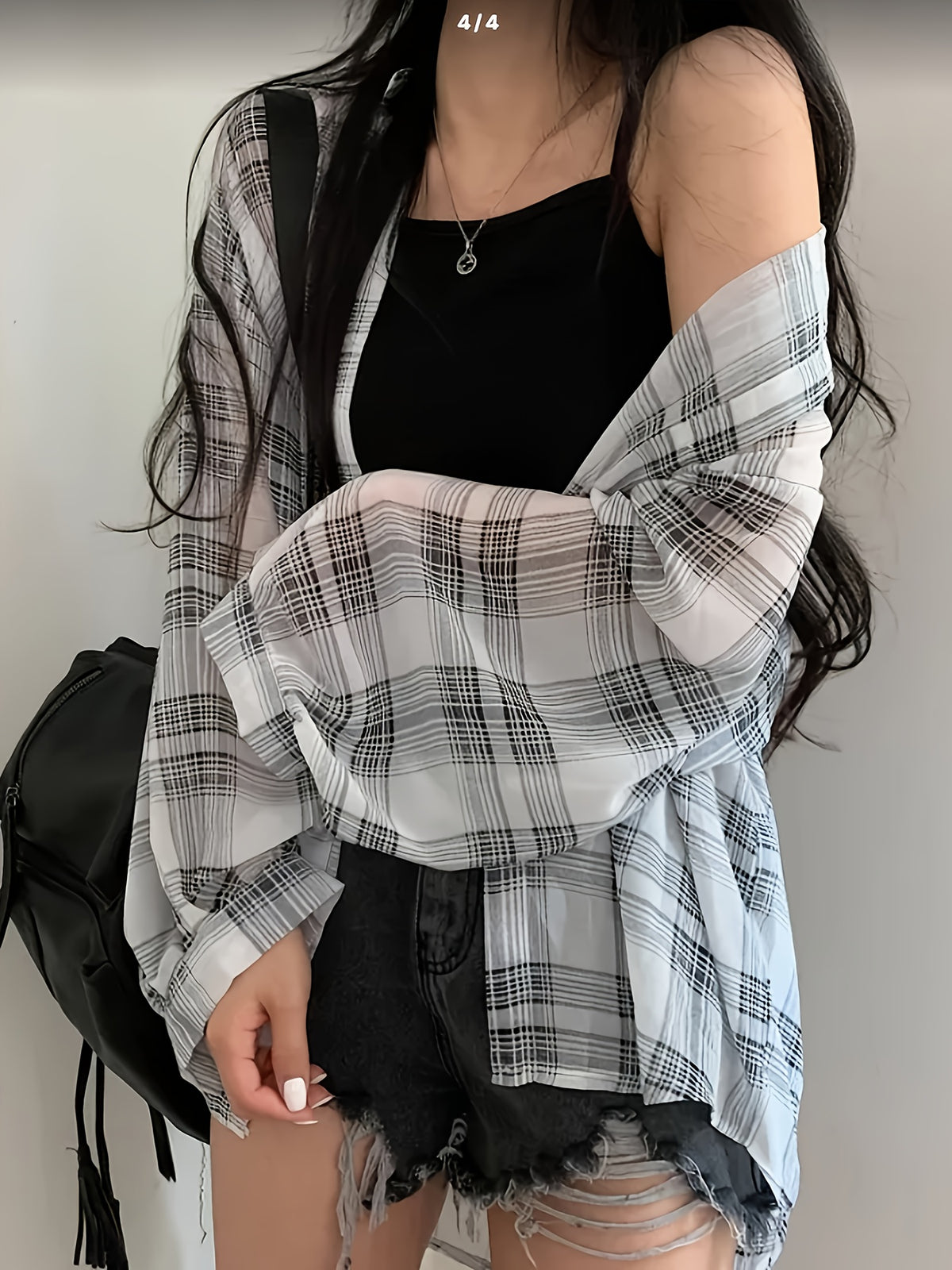 Chiffon Plaid Print Sheer Blouse Top Sunscreen Shirt - White
