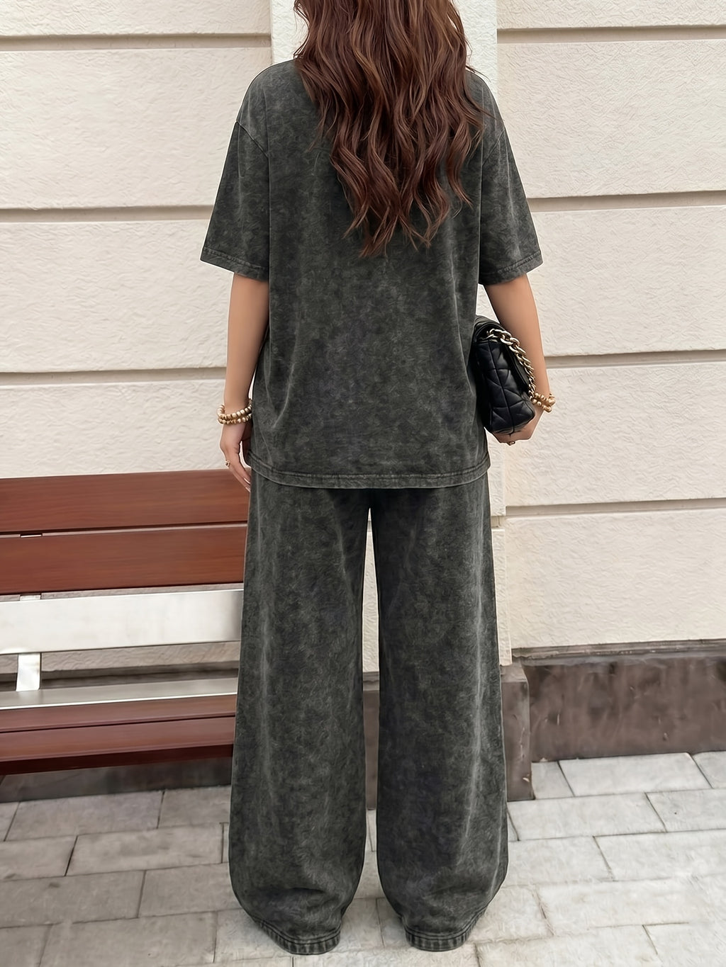 American Racing Style Los Angeles 79 Letter Graphic Print, Women's 2pcs Set, Vintage Washed Loose Fit Casual Crew Neck Short Sleeve T-Shirt + Elastic Waist Drawstring Vintage Washed Casual Sport Long Pants, Women's 2pcs Outfit - Black+black