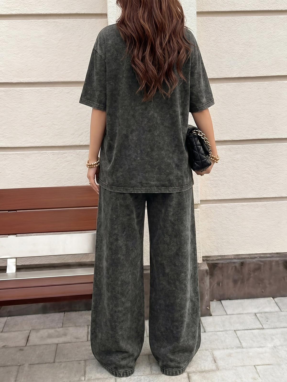 Easy Style Heartbeat Line Heart EKG Pattern Print, Women'S 2Pcss Set, Women'S Retro Washed Fabric Loose Casual Round Neck Short Sleeve T-Shirt And Elastic Waist Drawstring Retro Washed Casual Athletic Long Pants Women'S 2Pcss Set - Black+black