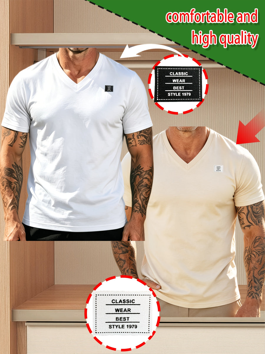 2pcs 100%, Men'S Knitted Solid V-Neck T-Shirt, Men'S T-Shirt New Chapter Design, Summer Global All-Season Base Layer Factory Made Men Comfortable High Quality High Fit Rate Casual Sports Top - White+Apricot