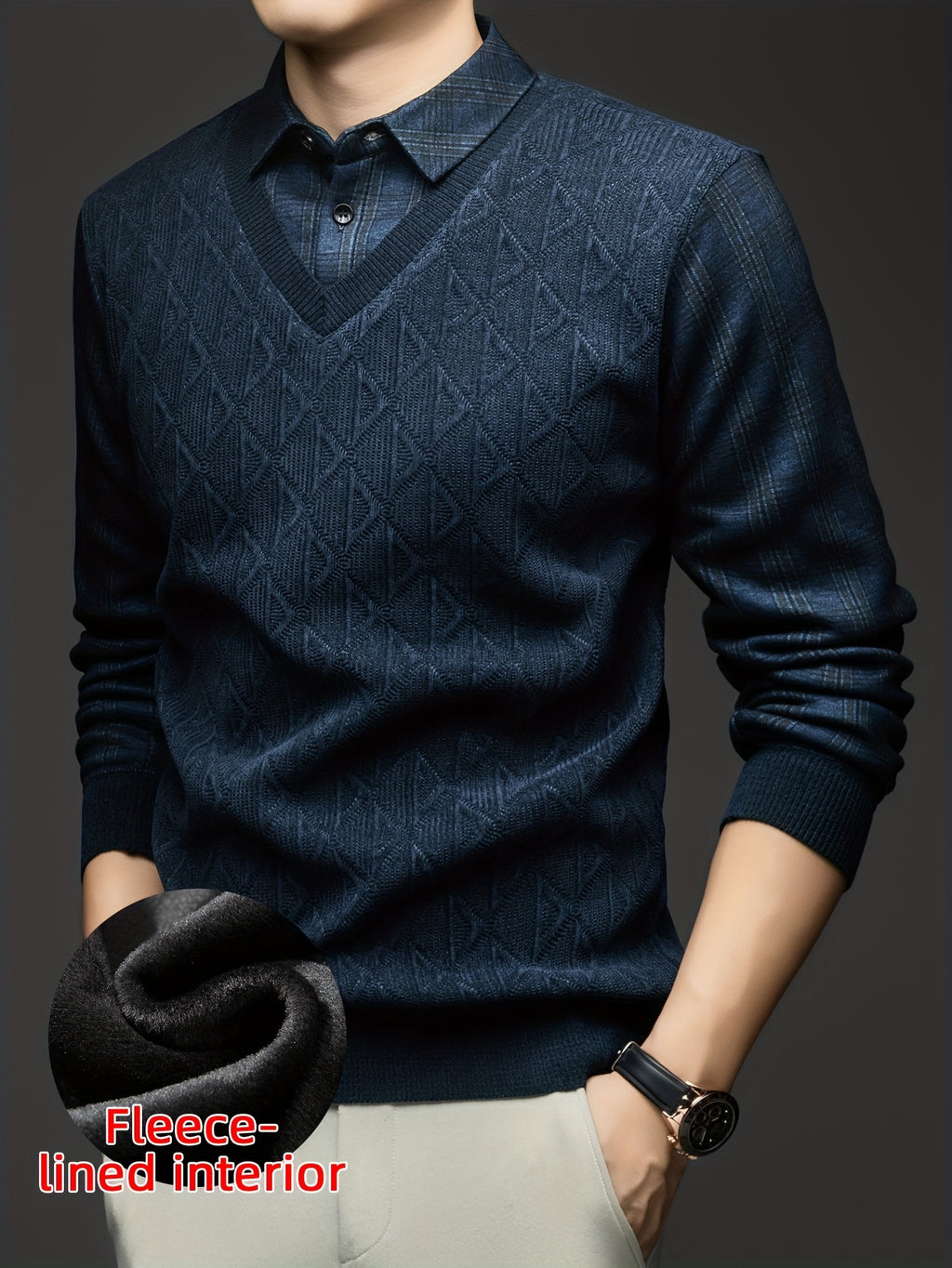 Men'S Fleece Fake Two-Piece Sweater, Plaid Lapel with Diamond Jacquard Design, Business Casual Warm Knit Top, Inner Thick Base Layer Shirt, Suitable for Men'S Commute And Casual Wear - Ha Qing