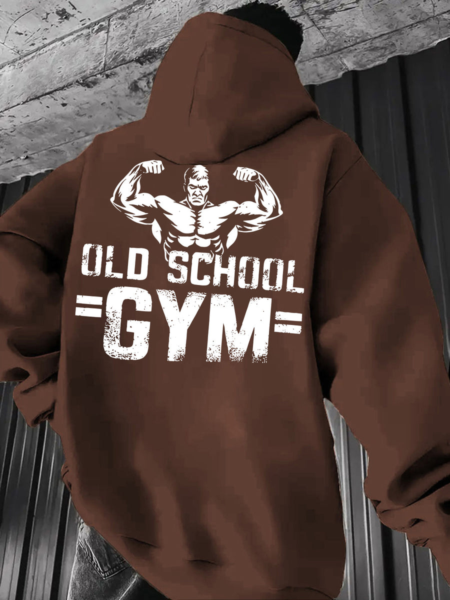 Men's Casual Sweatshirt with Letter Print, Drawstring Hood, Long Sleeve Pullover with Pocket - Coffee Brown