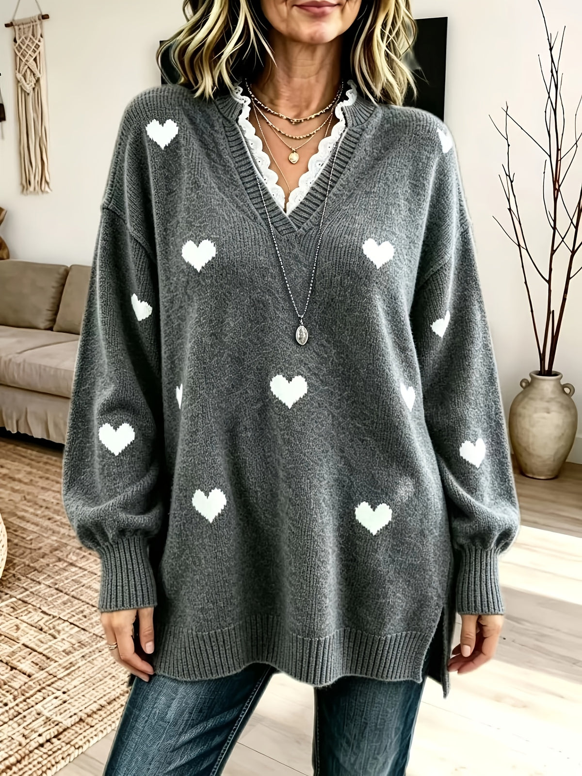 Plus Size - Women'S Elegant Lace Patchwork Sweater, Cute Heart Embroidery Women'S Sweater, Suitable for Autumn And Winter, Loose Fit Long Sweater, Suitable for Commute And Date Outfits - Grey