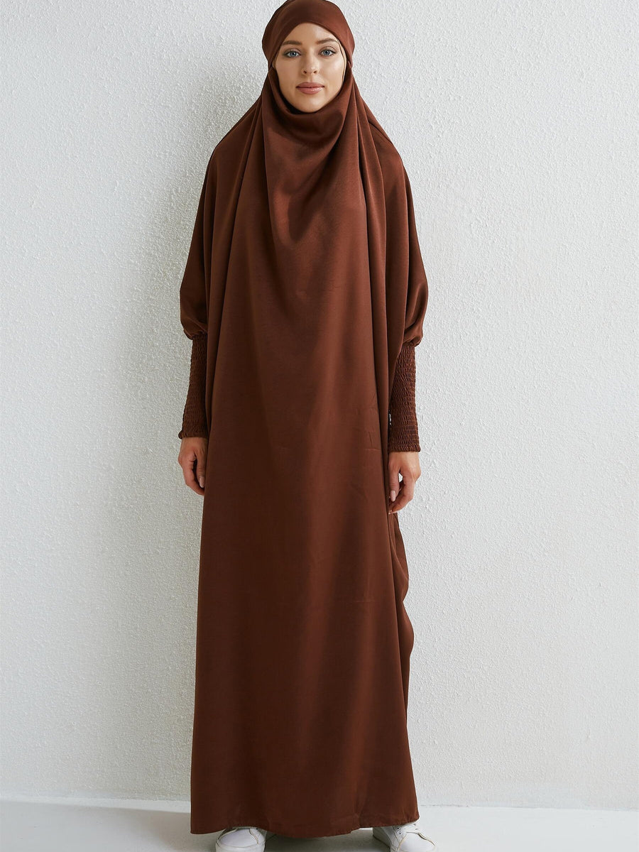 Islamic Attire for Women Featuring a Hooded Jilbab with Smocking Sleeves, Designed for Prayer, Suitable for Modesty in Dubai And Saudi Arabia, Available in Black - Coffee Brown
