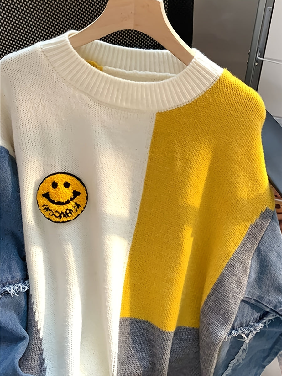 New European and American Autumn/Winter Style: Relaxed Fit Color-Block Denim Patchwork Pullover Cardigan - White