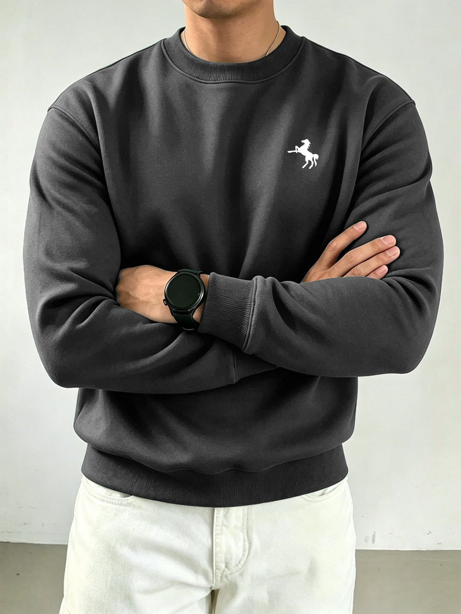 Men's Basic Crew Neck Sweatshirt with Small Galloping Horse Print on Left Chest, Casual Long Sleeve Loose Fit Versatile Solid Color Pullover Sport Sweatshirt - Grey