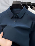 Men'S Raglan Sleeve Long Sleeve Polo Shirt, Relaxed Fit Cut, Unrestricted Movement, Loose Non-Tight Fit, Easy Business Style, No Extra Logos - SINBOS - Dark Blue
