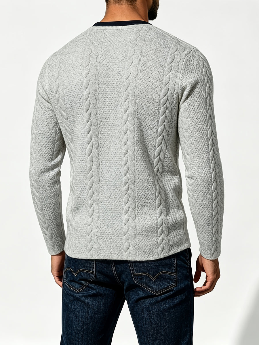 [Joximei OBM] Western Hardman Style Men'S Jacquard Henley Long Sleeve T-Shirt, Shoulder Side Color-Block Patchwork Knit Top, Home Casual Weekend Outing Base Layer, Surprise Gift for Men - Light Grey