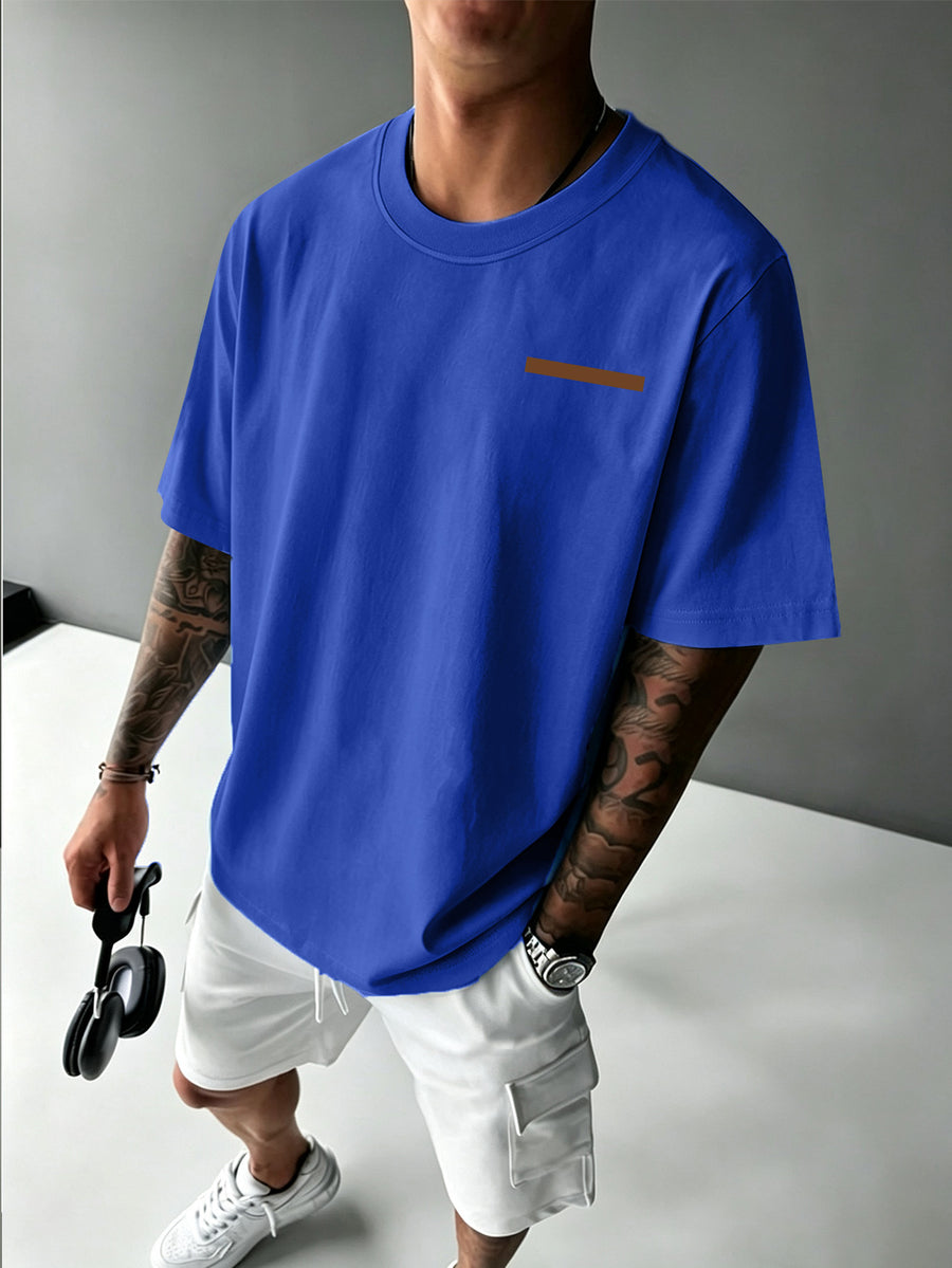 Men's Trendy Short-Sleeve T-Shirt with Minimalist Brown Long Strip Logo Print on the Chest, Crew Neck Top for Daily Wear - Blue