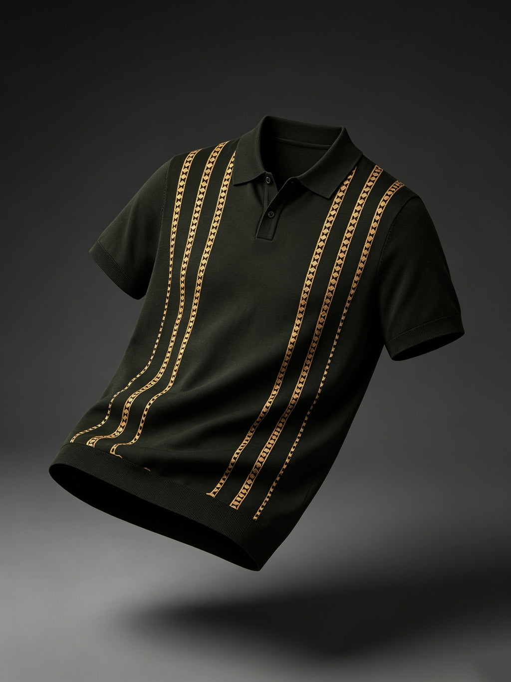 Luxury Fine Vertical Jacquard Pattern Collared Knit Polo for Men, Breathable Soft Short Sleeve Slim Blouse, Comfort Casual Top for Daily Street Weekend Hangout - Black