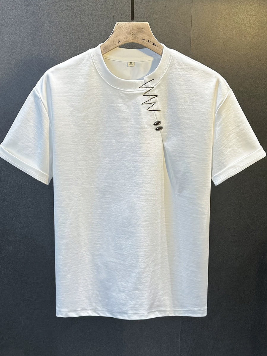 New Summer High-End Heavyweight Short-Sleeve T-Shirt for Men, Premium Embroidered Minimalist Style Crew Neck Top for Outer Wear - White