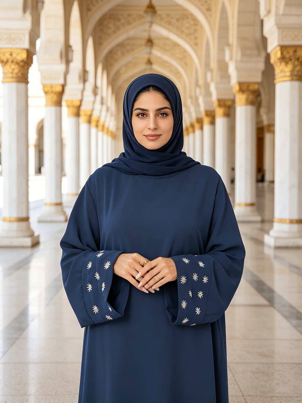 1pc (Scarf Not Included) This Fashionable, Elegant And Casual Abaya Dress with Embroidered Small Chrysanthemums at The Cuffs, No Scarf, Solid Color, Suitable for Daily Wear, Loose And Comfortable for Women. Islamic Clothing for Women Kleider Damen - Navy Color