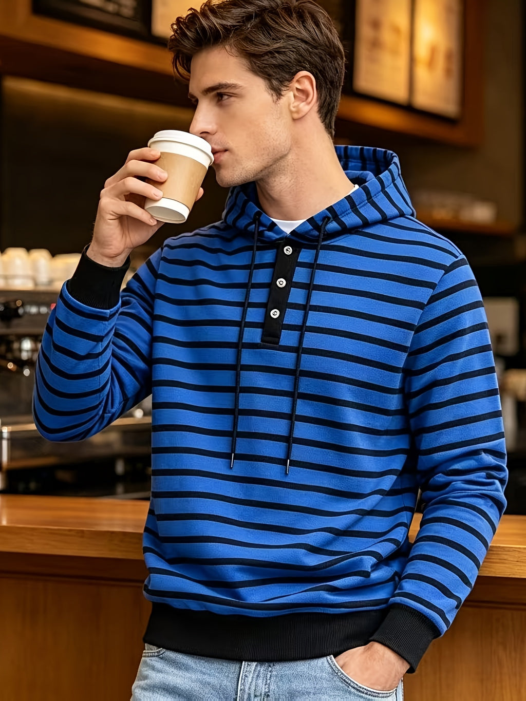2026 New Men'S Striped Hooded Sweatshirt, Half-Button Drawstring Hoodie, Casual Long Sleeve Pullover Top - Royal Blue