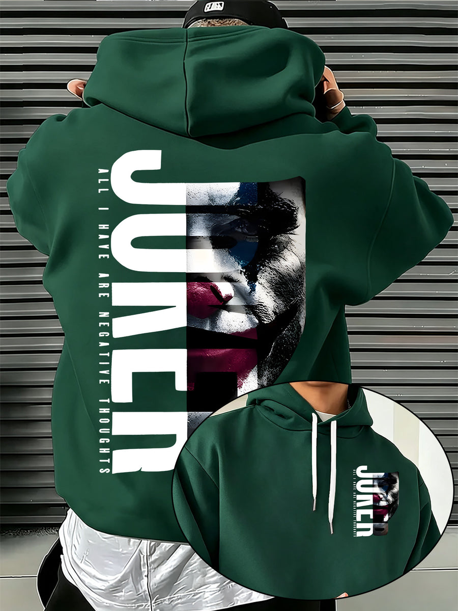 Authorized by Warner Bros., Featuring Dark JOKER Clown Patch Letter Print, Hat Design Pattern, Multi-Functional Street Style Men'S Hooded Sweatshirt, Comfortable Casual, Suitable for Autumn And Winter - Green