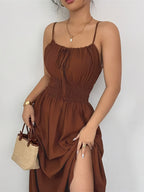 Elegant Bridesmaid Dress for Women, Spaghetti Strap Front Tie Bow Waist Smocked Waist-Cinched Oversized A-Line Long Maxi Dress, Fashion Women'S Dress for Wedding, Bridesmaid, Party, Date, Vacation & Daily Commute - Maroon