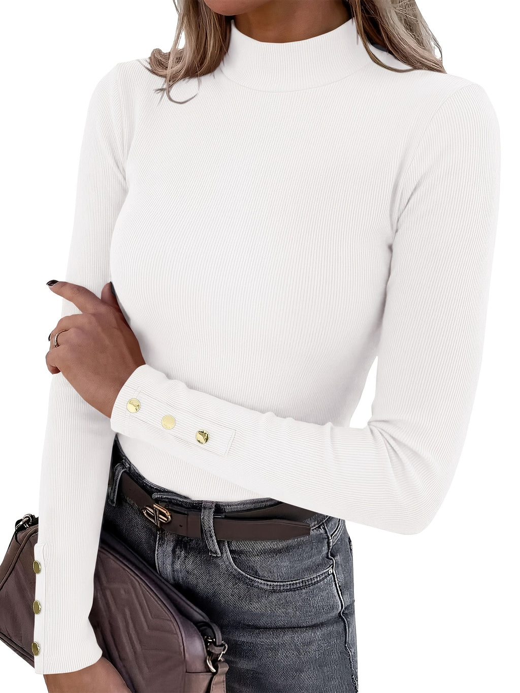 Women'S 3pcs Set High Neck Ribbed Fashion Top with Buttons, Comfortable Casual Long Sleeve Body Suit Top - Red Bean Paste Dirty Pink + White + Black