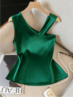 Women'S Elegant Asymmetrical Shoulder Textured Fabric Rose Floral Decoration Button Niche Design Vest Top - Green