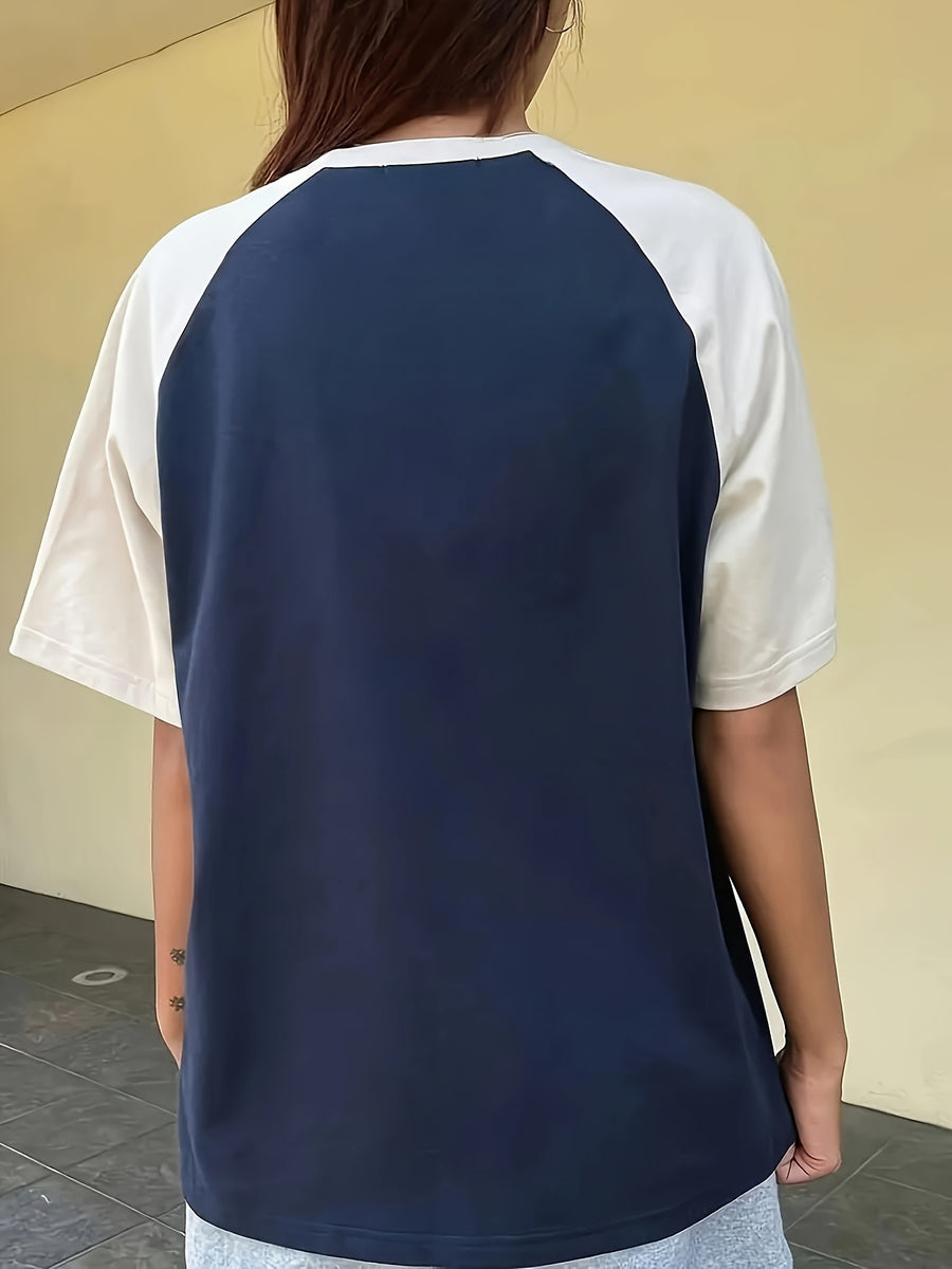 Women'S Fashion Letter Print T-Shirt, Round Neck Contrast Design, Suitable for Casual Outings - Mixed colors