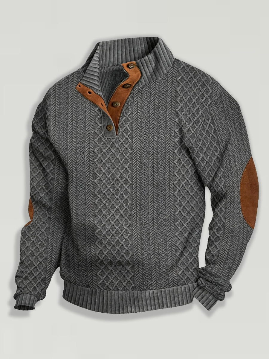 Men'S Henley Collar Knit Polo Sweater, Retro Checkered Jacquard Sweater, Patchwork Decor Long Sleeve Top, Casual Outdoor Wear - Dark Gray