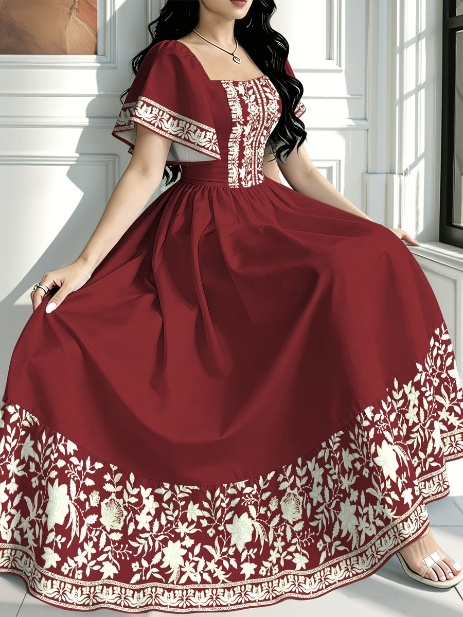 The Summer Floral-Themed Elegant Resort-Style Dress Features a Butterfly Wing Print Design, a Square Neckline And Short Sleeves, Is Equipped with a Waist-Cinching Design, And Has a Moderate Length - Brick Red