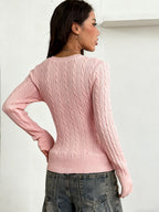 Women'S Spring/Summer Elegant Casual Ribbed V-Neck Long-Sleeved Slim Top - Pink Color