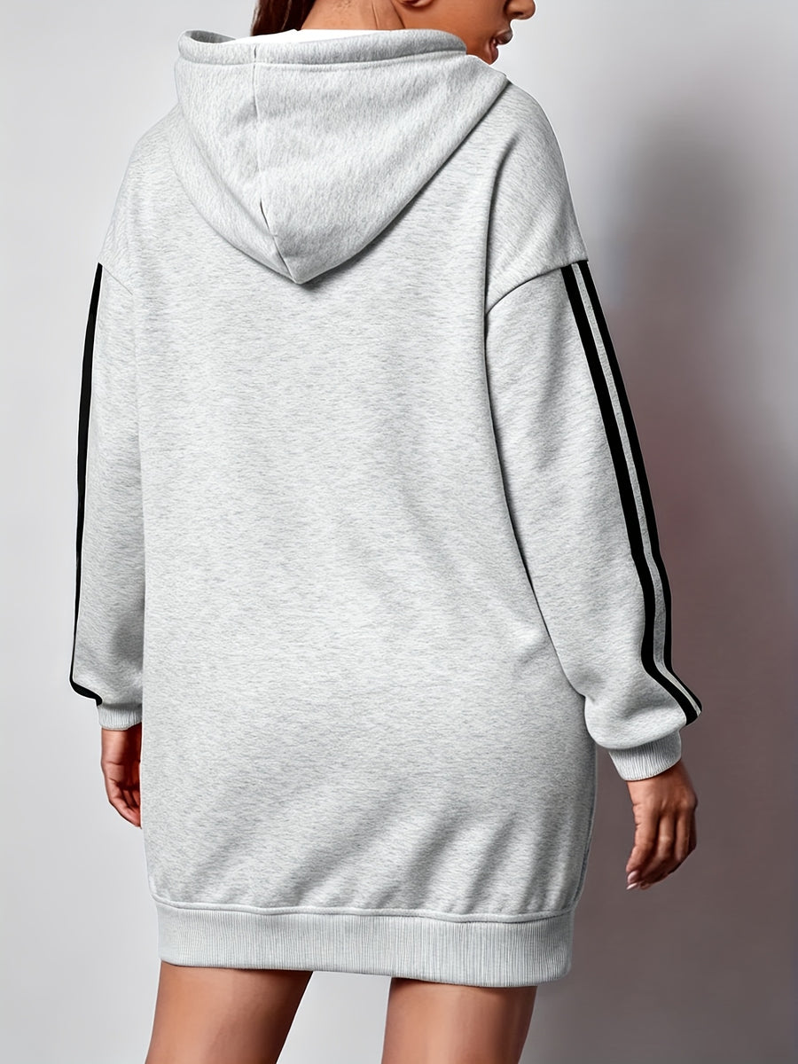 Printed Hooded Sweatshirt Dress For, Autumn Winter Thickened Fleece Long Hoodie Women'S Versatile Loose Casual Long Sleeve Dress - Grey 2